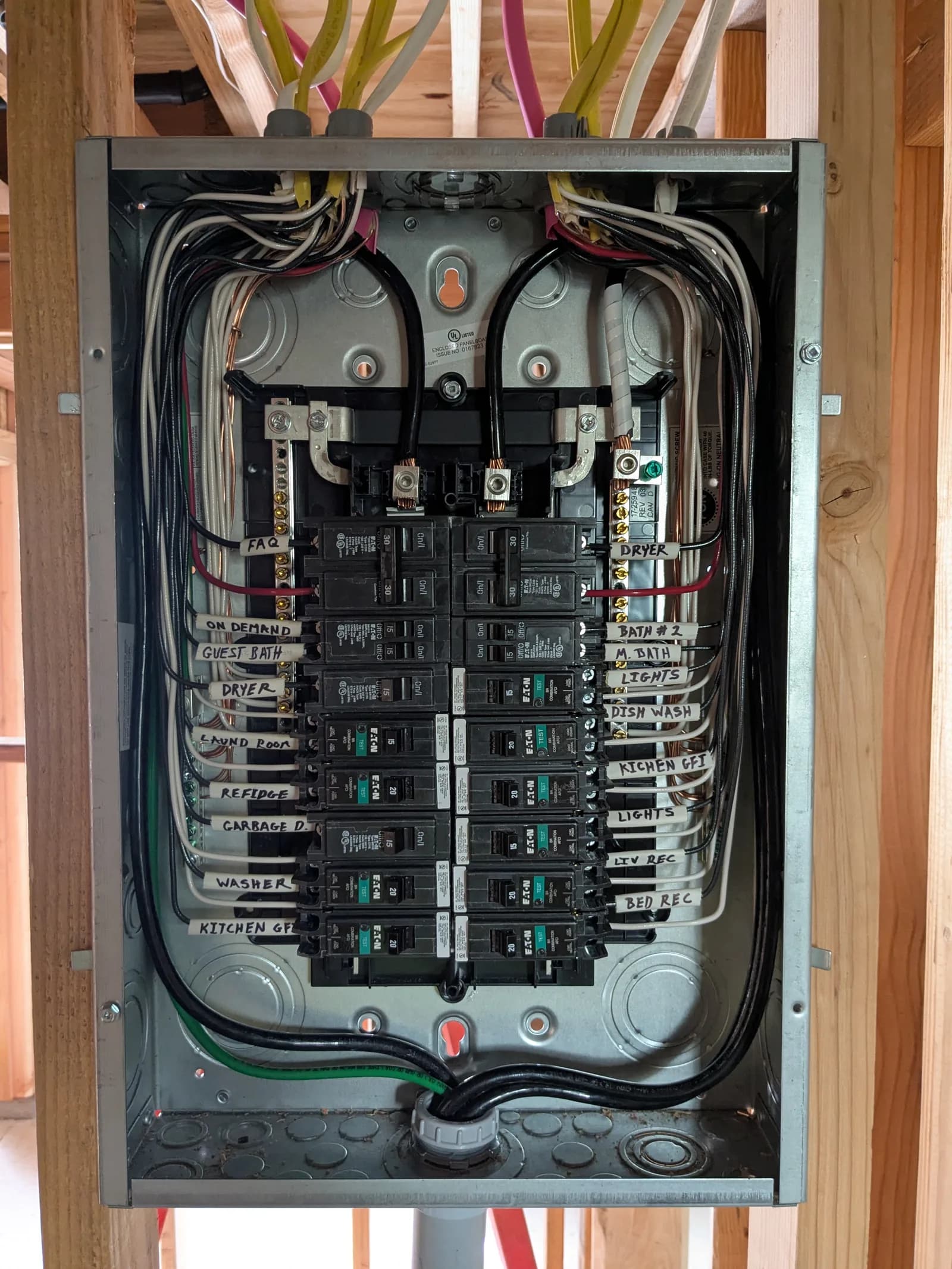Neatly wired and labeled residential breaker panel installed by Greenbelt Electrical